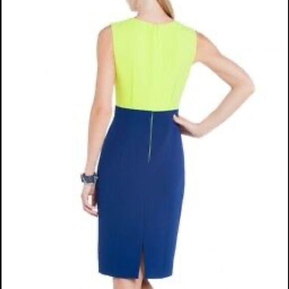 BCBGMAXAZRIA size 2 Blaire Color-Block Sheath Dress Navy Blue Neon Yellow Green - Picture 2 of 10